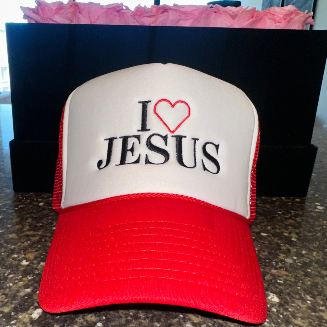 RED “I LOVE JESUS” trucker hat