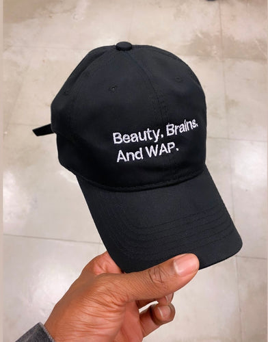 “Brains. Beauty. & WAP” adjustable dad hat (Black/white)